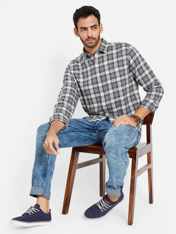 Mettle Men Grey Opaque Checked Casual Shirt