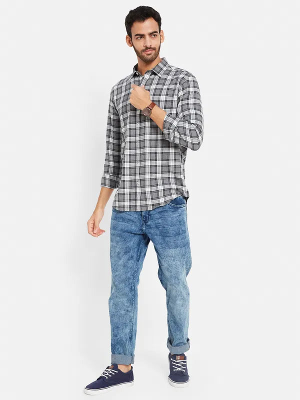 Mettle Men Grey Opaque Checked Casual Shirt