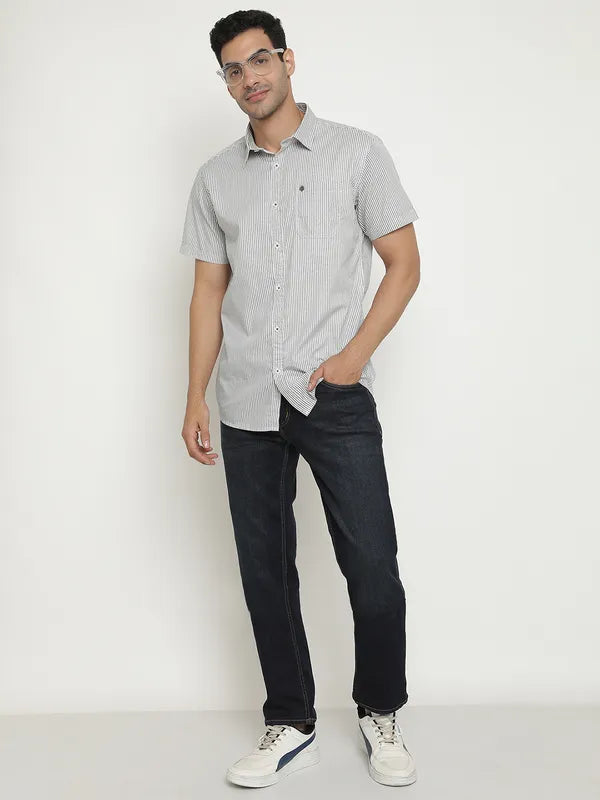 Mettle Men Grey Opaque Striped Casual Shirt