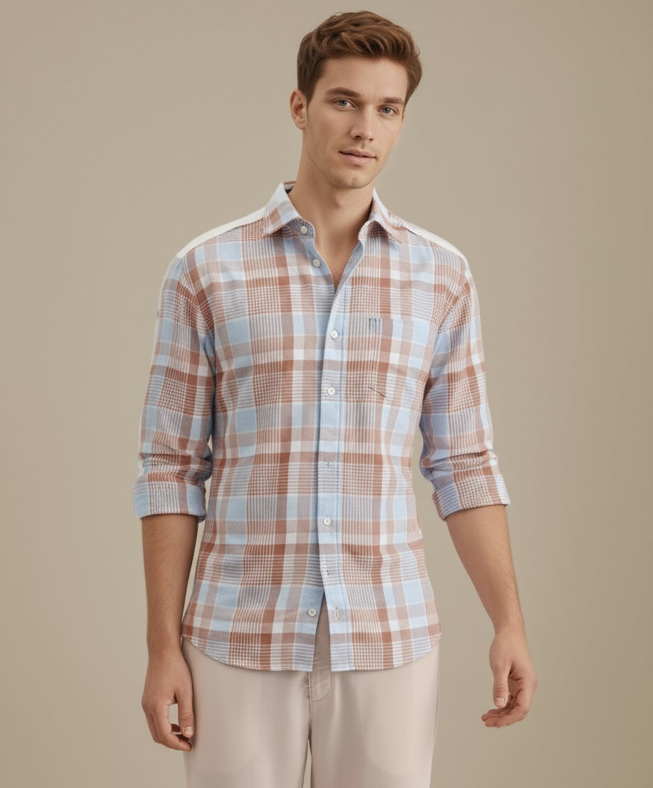 METTLE Men Peach Checked Casual Shirt