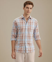 METTLE Men Peach Checked Casual Shirt