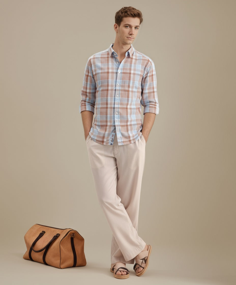 METTLE Men Peach Checked Casual Shirt