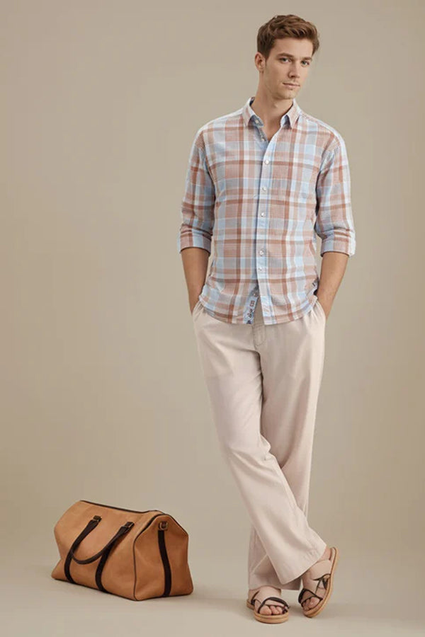 METTLE Men Peach Checked Casual Shirt