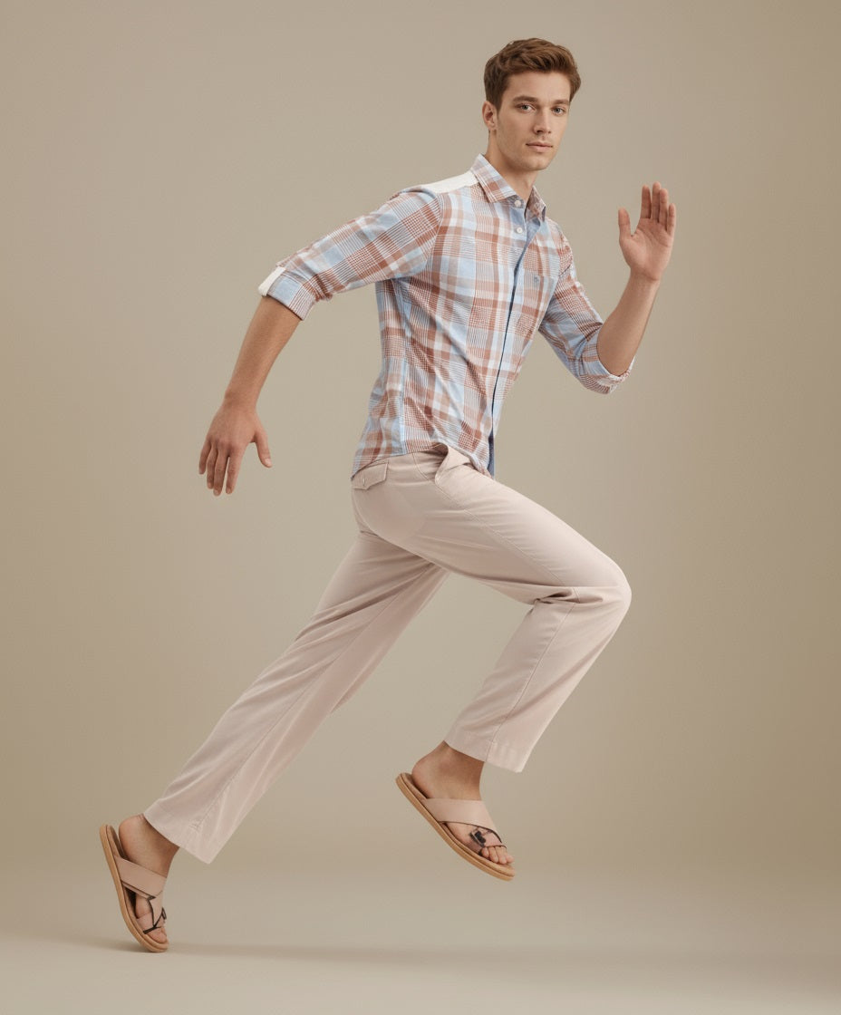 METTLE Men Peach Checked Casual Shirt