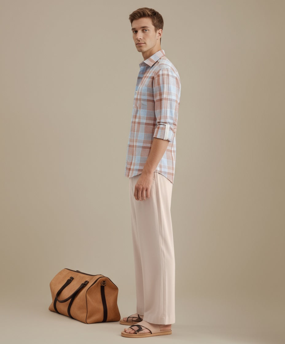 METTLE Men Peach Checked Casual Shirt