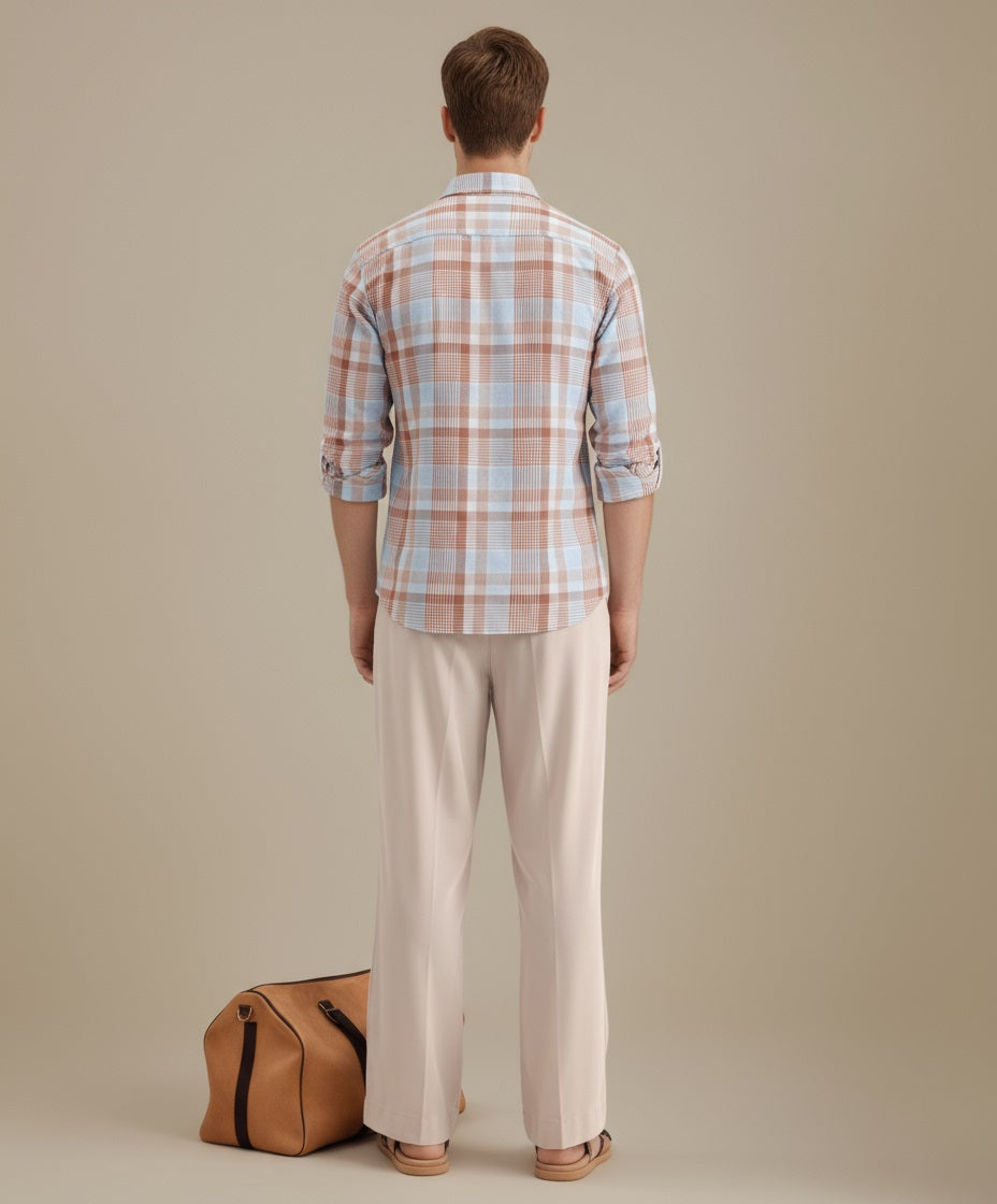 METTLE Men Peach Checked Casual Shirt