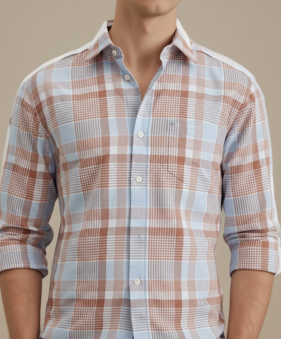 METTLE Men Peach Checked Casual Shirt
