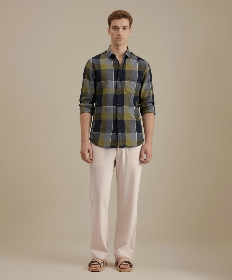 METTLE Men Olive Checked Casual Shirt