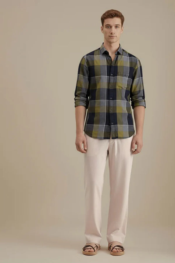 METTLE Men Olive Checked Casual Shirt