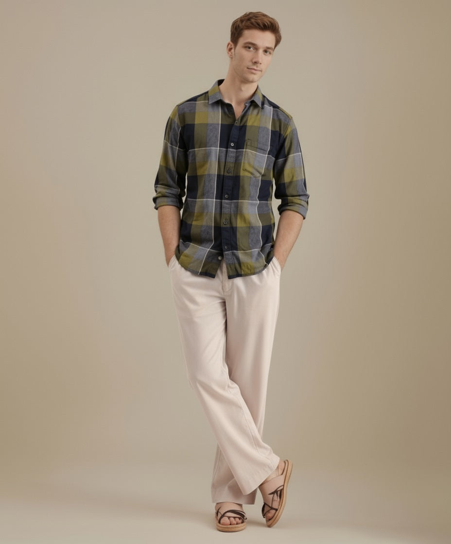METTLE Men Olive Checked Casual Shirt