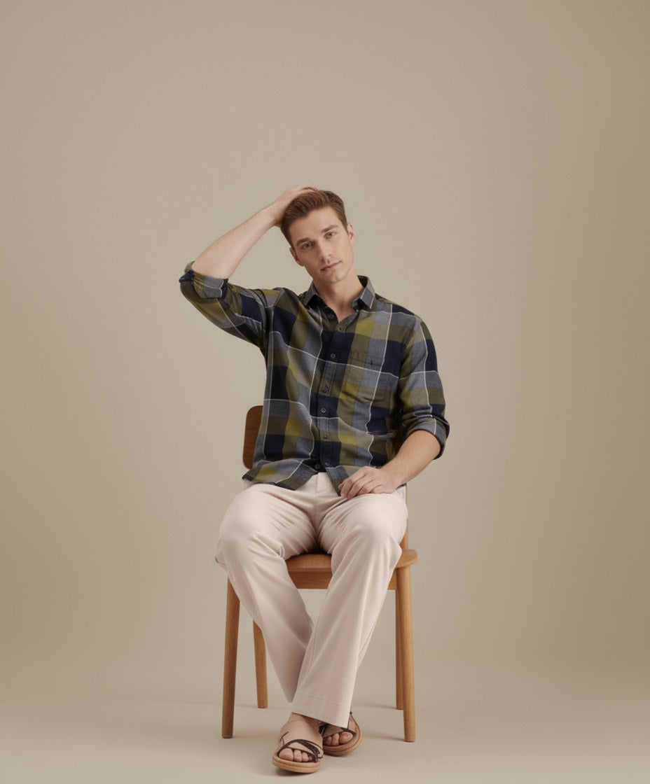 METTLE Men Olive Checked Casual Shirt