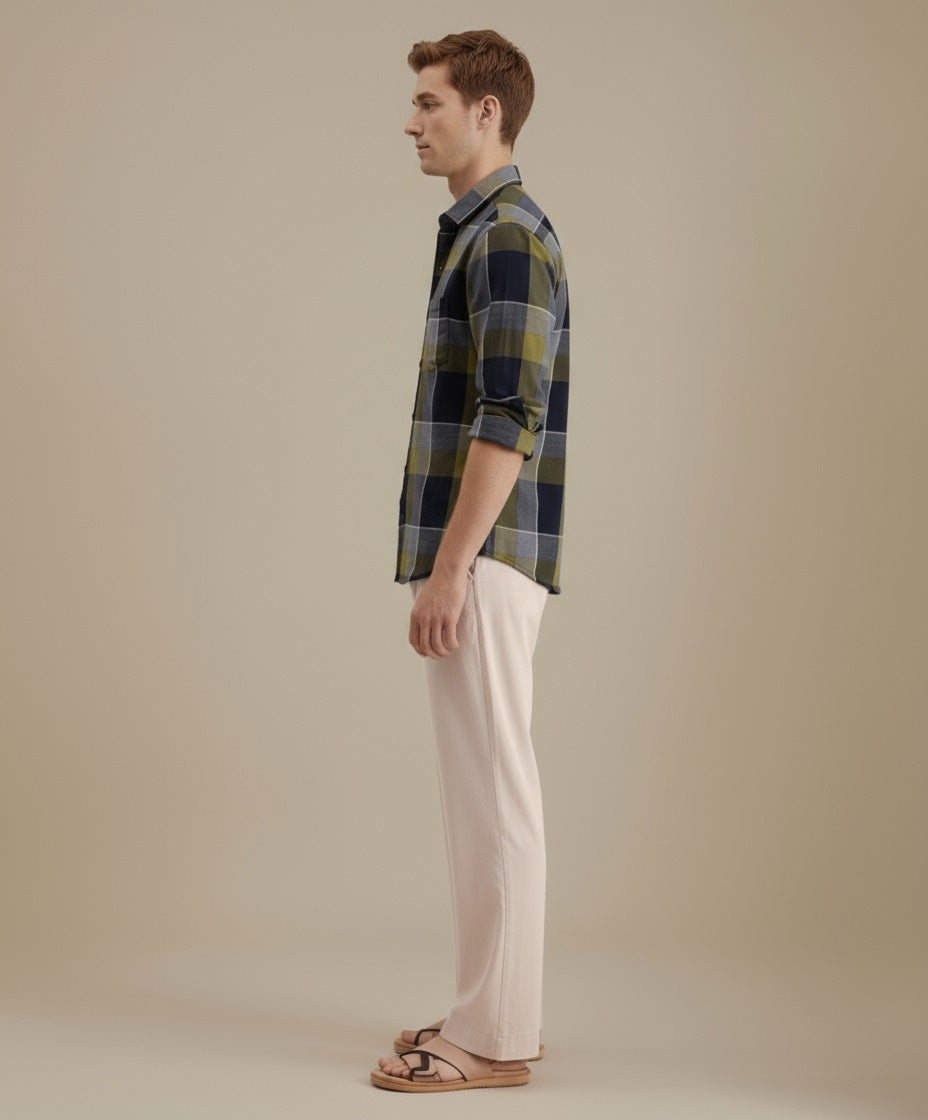METTLE Men Olive Checked Casual Shirt