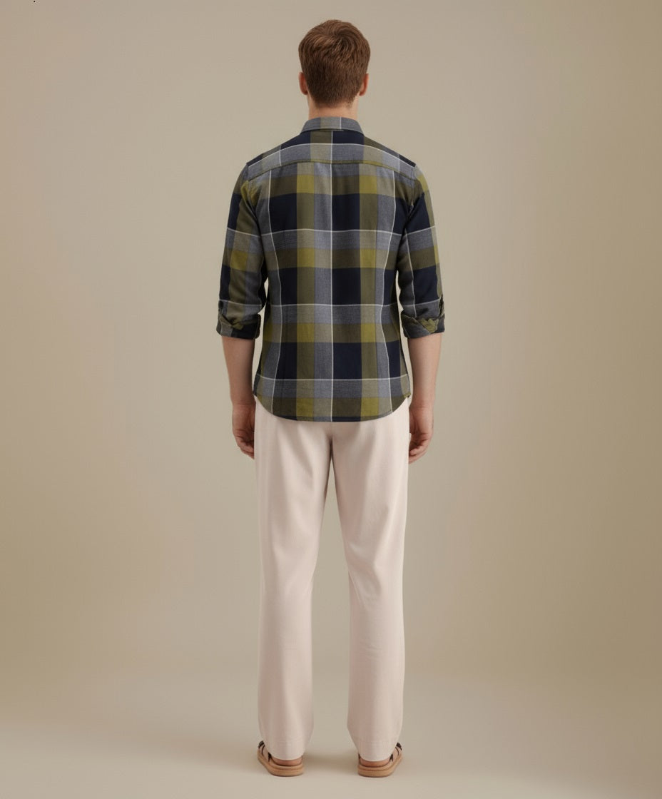 METTLE Men Olive Checked Casual Shirt