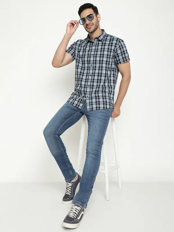 Mettle Tartan Checked Spread Collar Short Sleeves Cotton Casual Shirt