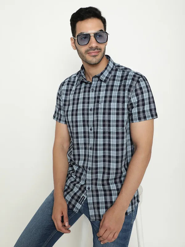 Mettle Tartan Checked Spread Collar Short Sleeves Cotton Casual Shirt