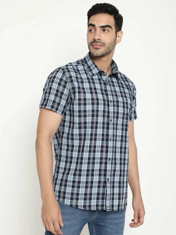 Mettle Tartan Checked Spread Collar Short Sleeves Cotton Casual Shirt