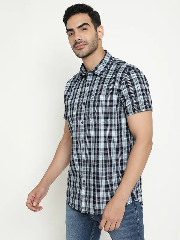 Mettle Tartan Checked Spread Collar Short Sleeves Cotton Casual Shirt