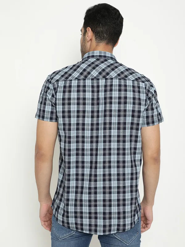 Mettle Tartan Checked Spread Collar Short Sleeves Cotton Casual Shirt