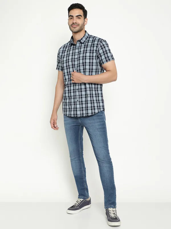 Mettle Tartan Checked Spread Collar Short Sleeves Cotton Casual Shirt