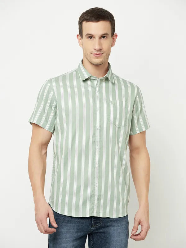 Mettle Men Olive Green Striped Casual Shirt