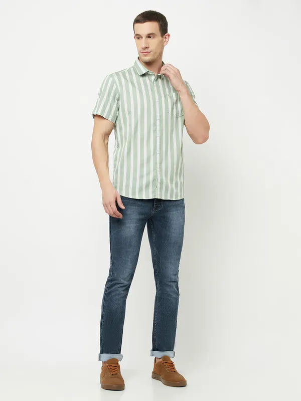 Mettle Men Olive Green Striped Casual Shirt