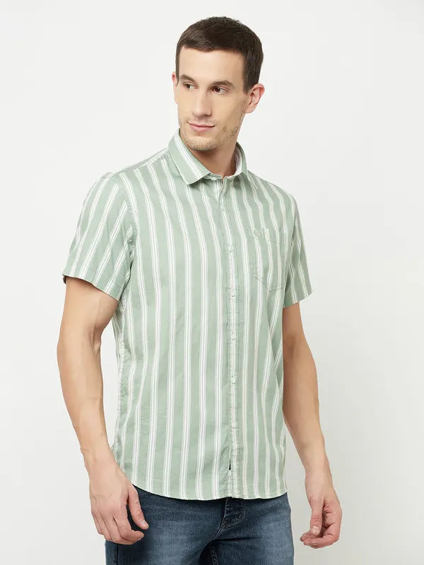 Mettle Men Olive Green Striped Casual Shirt