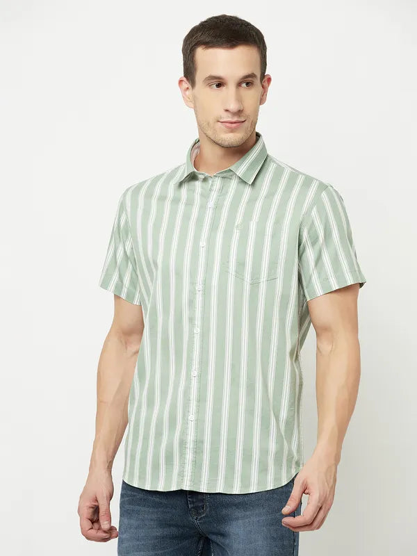 Mettle Men Olive Green Striped Casual Shirt