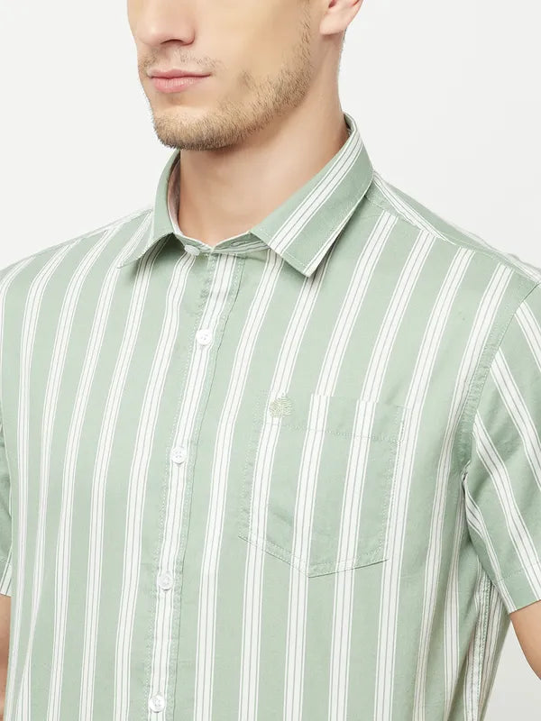 Mettle Men Olive Green Striped Casual Shirt