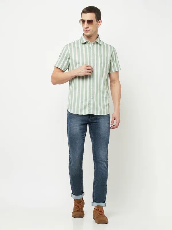 Mettle Men Olive Green Striped Casual Shirt