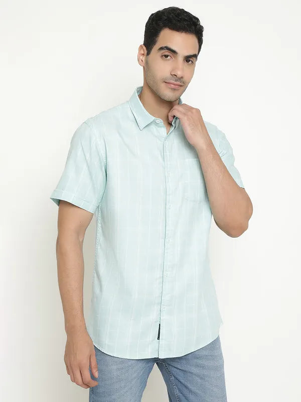 Mettle Men Blue Grid Tattersall Checks Opaque Checked Casual Shirt