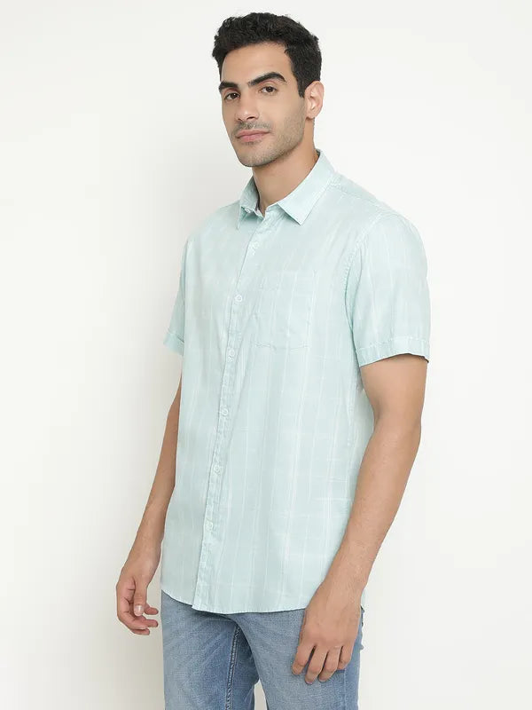 Mettle Men Blue Grid Tattersall Checks Opaque Checked Casual Shirt