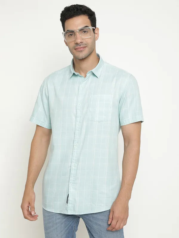 Mettle Men Blue Grid Tattersall Checks Opaque Checked Casual Shirt