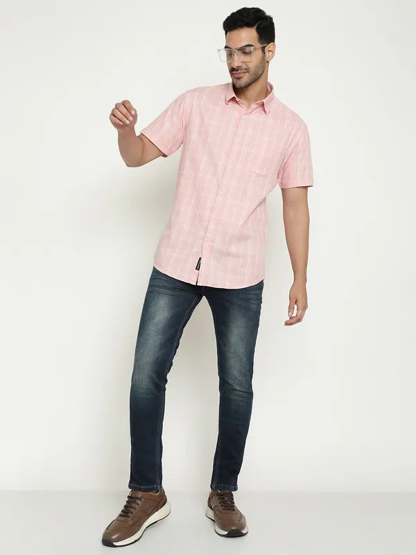 Mettle Checked Spread Collar Short Sleeves Cotton Casual Shirt