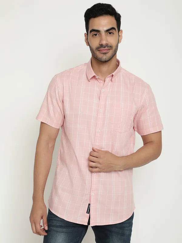 Mettle Checked Spread Collar Short Sleeves Cotton Casual Shirt