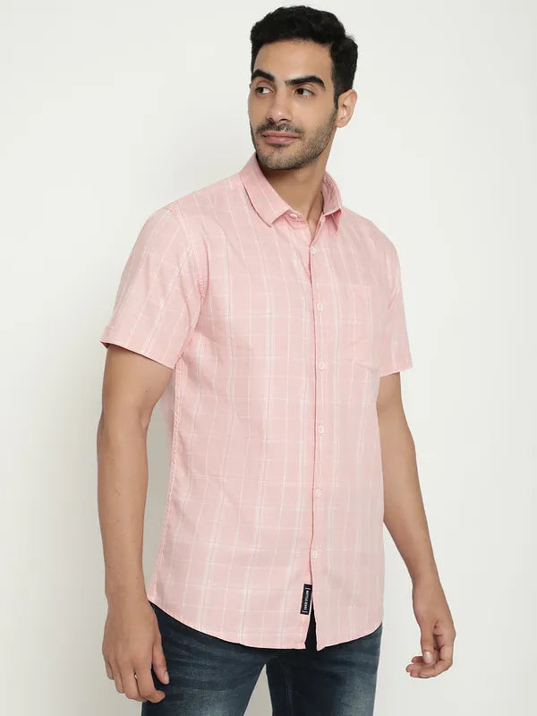 Mettle Checked Spread Collar Short Sleeves Cotton Casual Shirt