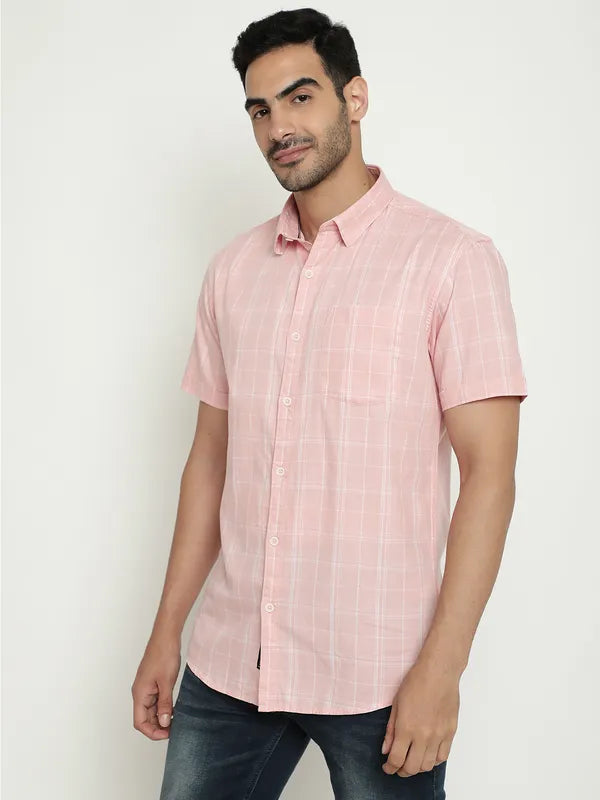 Mettle Checked Spread Collar Short Sleeves Cotton Casual Shirt