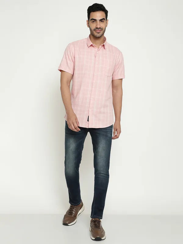 Mettle Checked Spread Collar Short Sleeves Cotton Casual Shirt