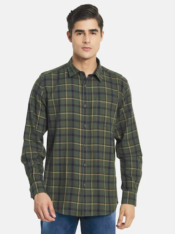 Mettle Men Olive Green Tartan Checks Cotton Casual Shirt