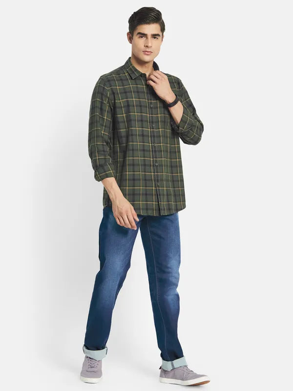 Mettle Men Olive Green Tartan Checks Cotton Casual Shirt