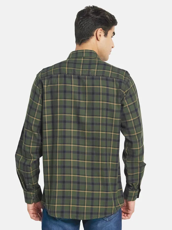 Mettle Men Olive Green Tartan Checks Cotton Casual Shirt