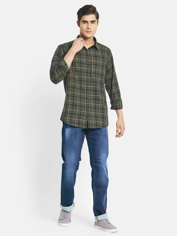 Mettle Men Olive Green Tartan Checks Cotton Casual Shirt