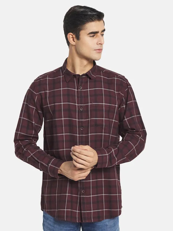 Mettle Men Maroon Tartan Checked Casual Shirt