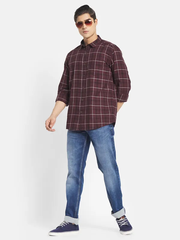 Mettle Men Maroon Tartan Checked Casual Shirt