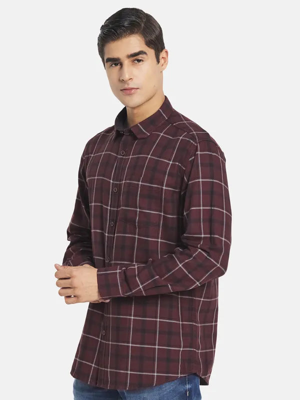 Mettle Men Maroon Tartan Checked Casual Shirt