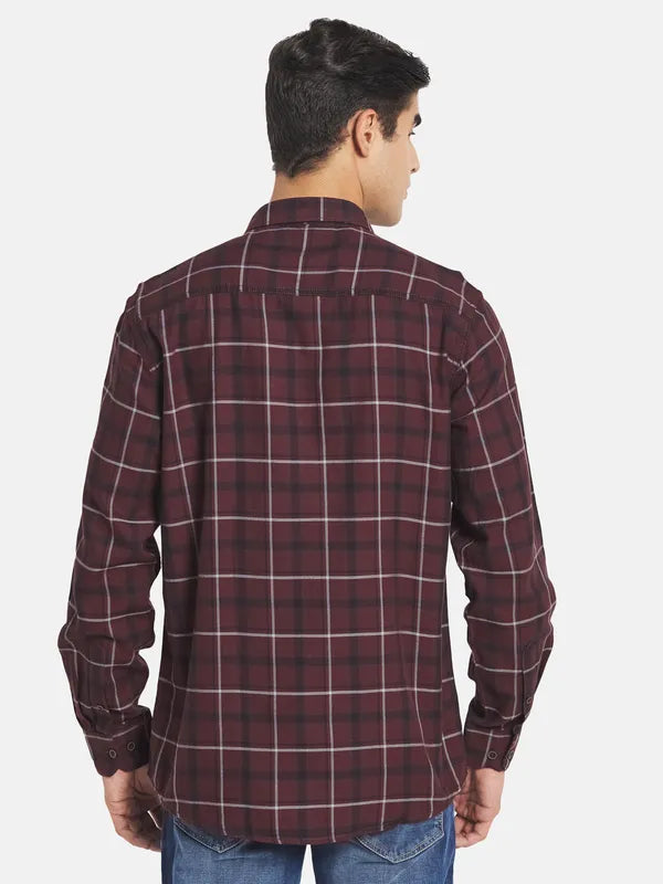 Mettle Men Maroon Tartan Checked Casual Shirt