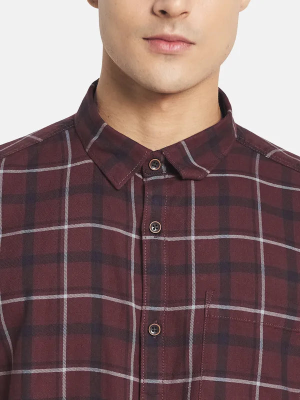 Mettle Men Maroon Tartan Checked Casual Shirt