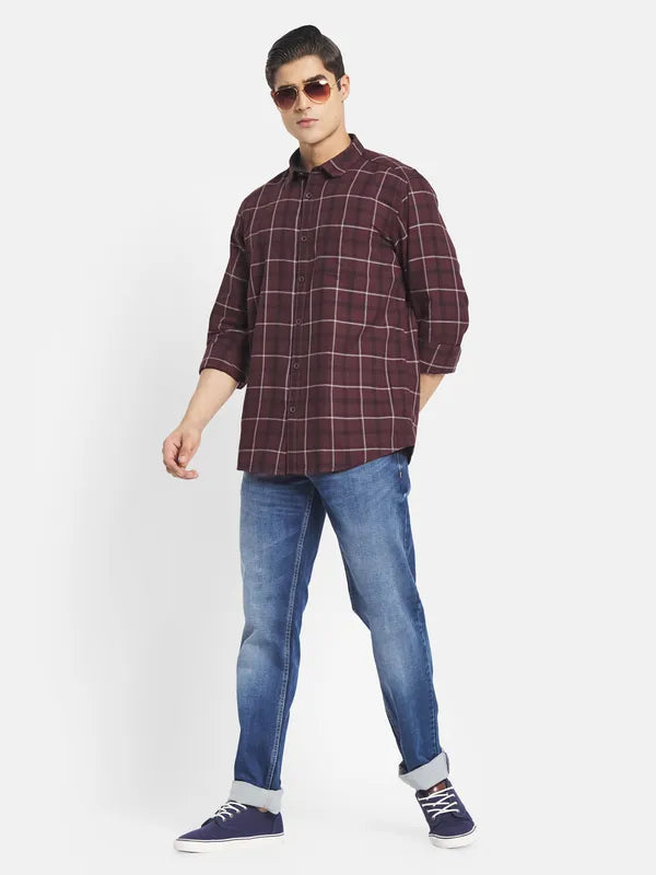 Mettle Men Maroon Tartan Checked Casual Shirt