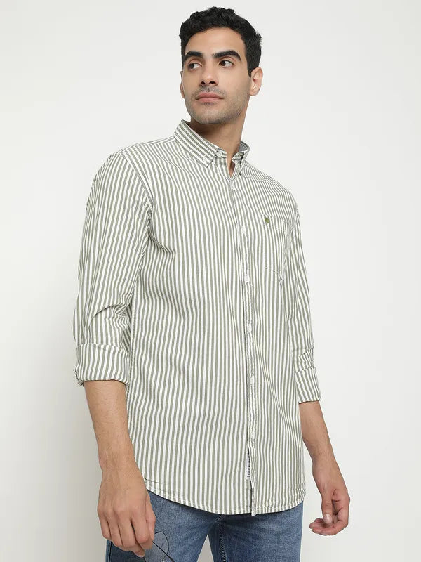 Mettle Men Olive Green Micro Checks Opaque Checked Casual Shirt