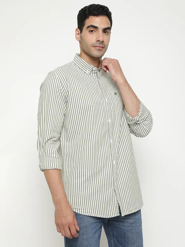 Mettle Men Olive Green Micro Checks Opaque Checked Casual Shirt