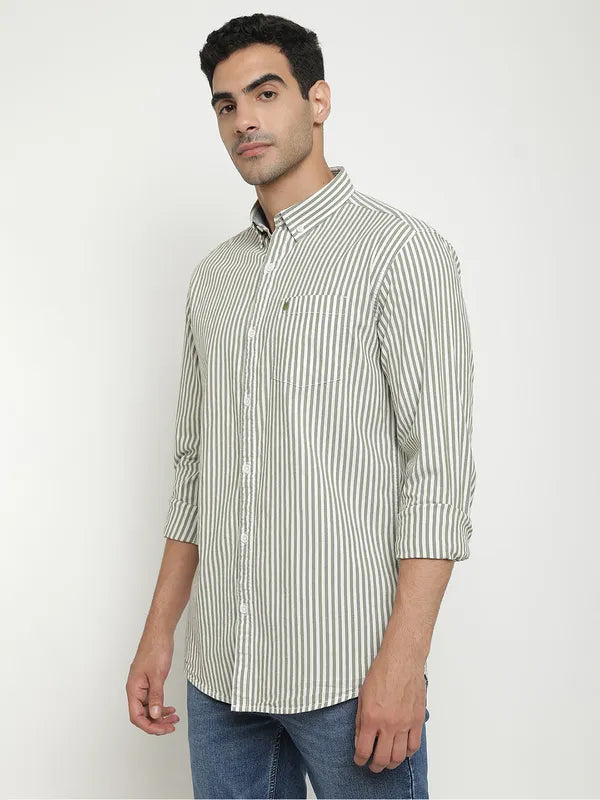 Mettle Men Olive Green Micro Checks Opaque Checked Casual Shirt